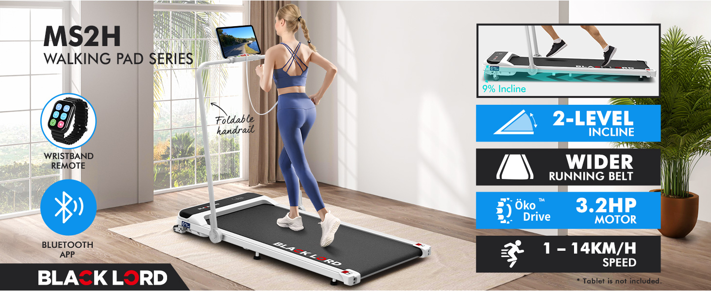 Text reads 'MS2H', '2-LEVEL', 'WIDER', '3-2HP'. Series of product demonstration images showing treadmill or walking pad in use in different settings.