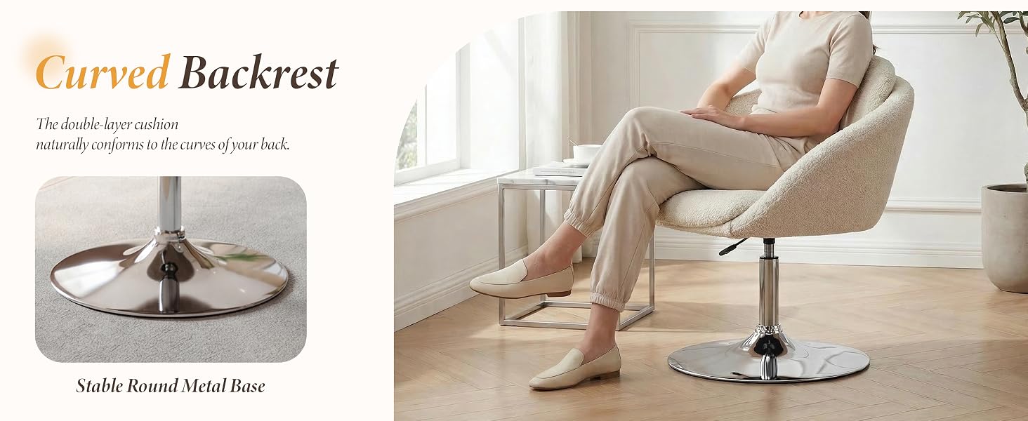 Text reads 'Curved Backrest', 'Stable Round Metal Base'. Another view of same beige swivel chair with metal base detail shown separately.