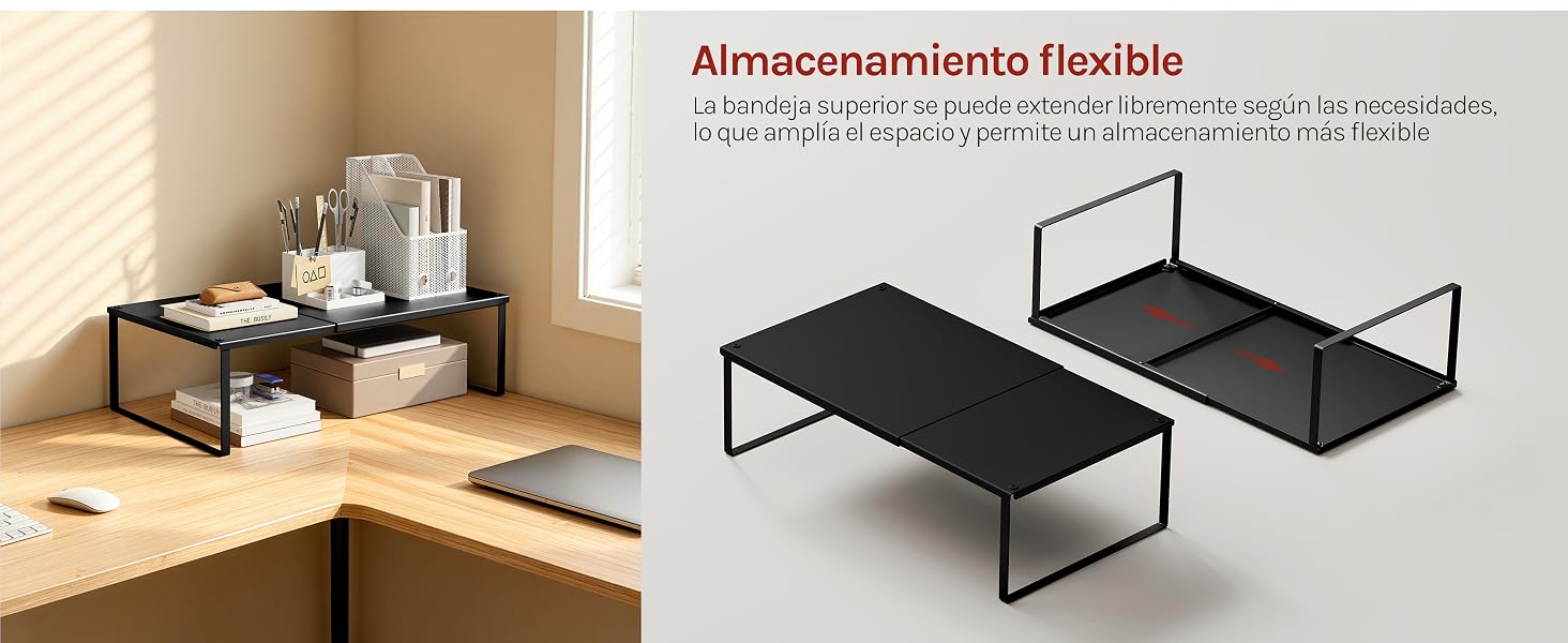 El texto dice «Abstellmöglichkeit Flexibel» (opción de almacenamiento flexible). El interior del dormitorio con elementos decorativos combinados con estante de almacenamiento o marco de cama de metal negro se muestra por separado.