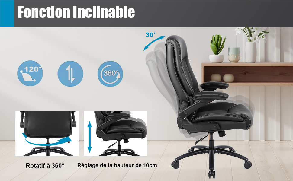 : inclinaison à 120°, rotation à 360°, réglage de la hauteur de 10 cm. Assise et dossier rembourrés gris. Fait preuve d'une inclinaison de 30°. Base noire avec roulettes.
