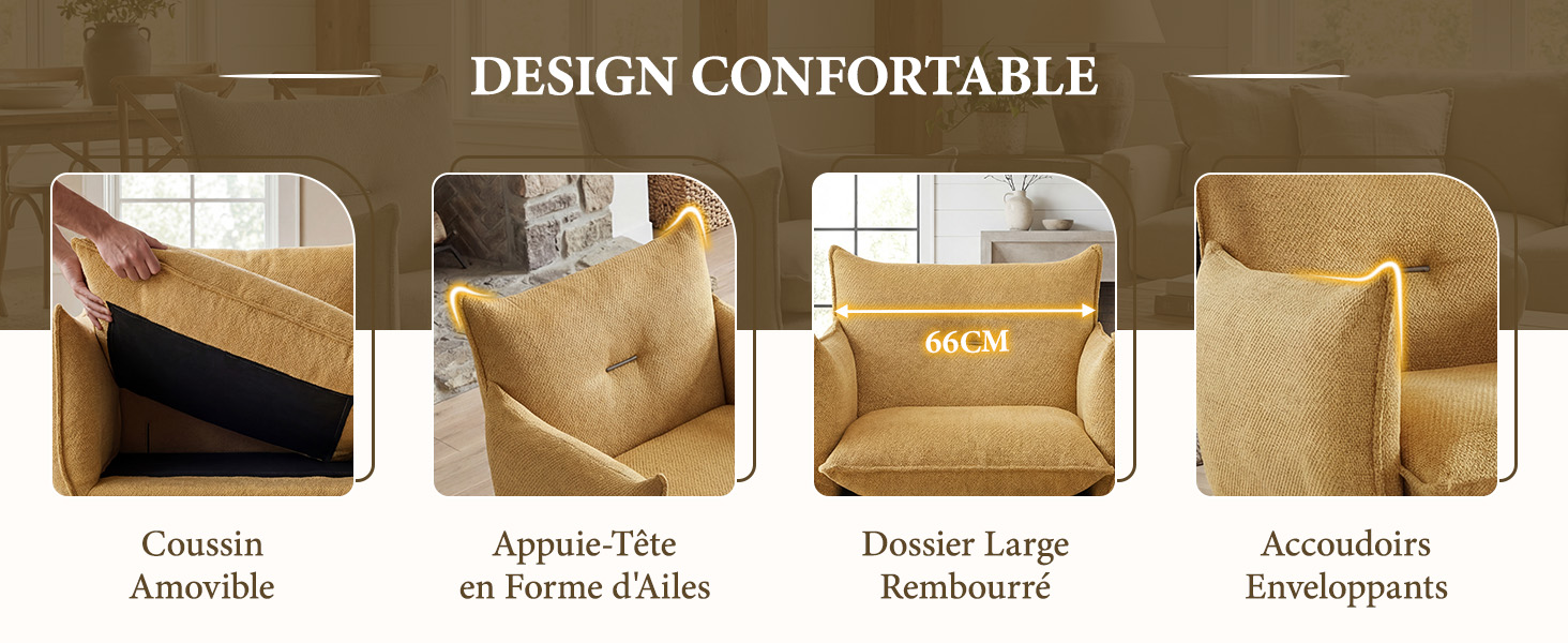 Le texte indique « DESIGN CONFORTABLE ». Quatre chaises rembourrées présentées : fauteuil confortable, canapé Ergonomic on Future, grand dossier à épaules, fauteuil, Accomplice.