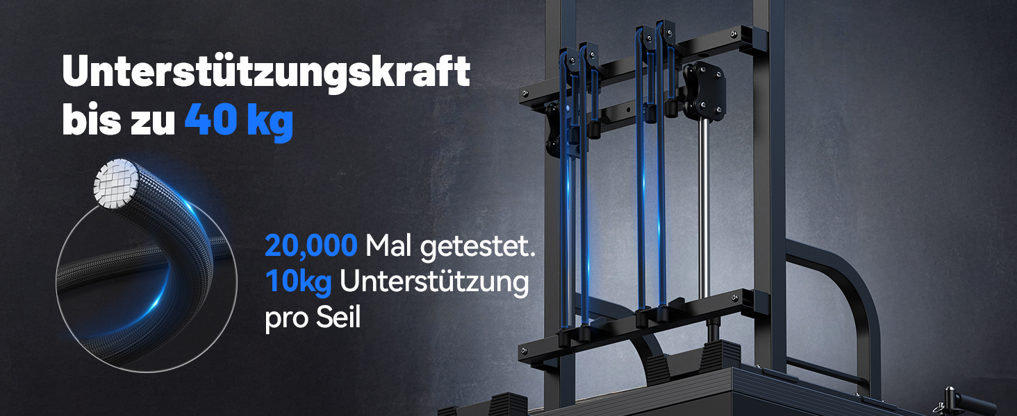 Der Text lautet: „Unterstützungskraft bis zu 150 kg“. Dunkles Bild, das Trainingsgeräte mit blauer Beleuchtung und technischen Daten zeigt.