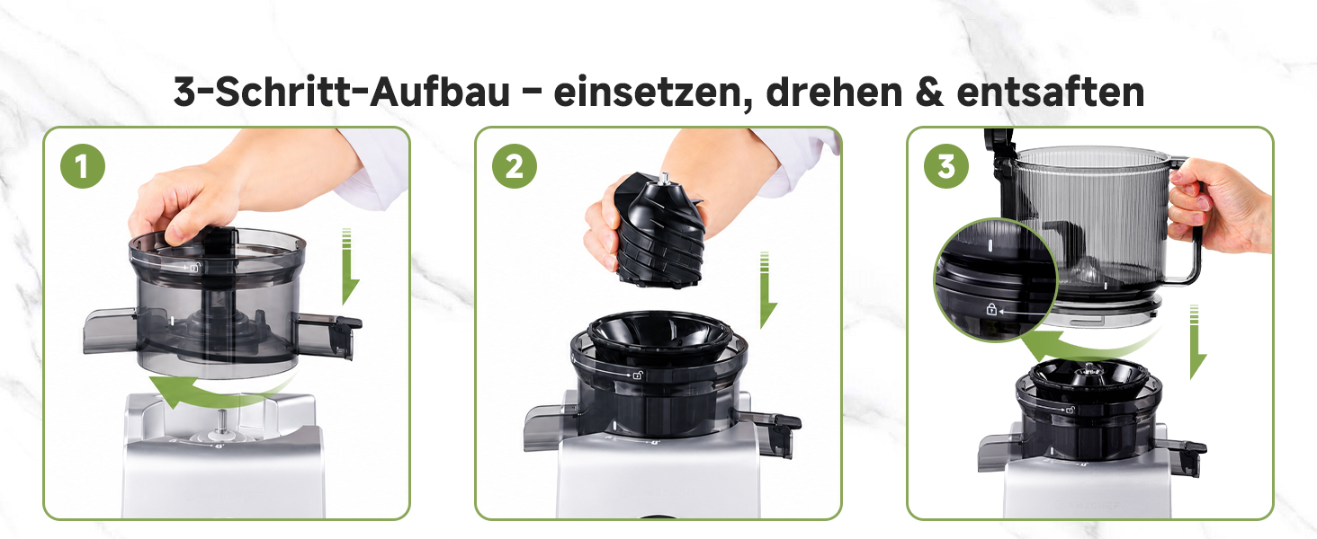 Der Text lautet „3-Schritt-Aufbau — einstetzen, drehen &amp; entstaffeln“. Die Bilder der dreistufigen Montageanleitung zeigen die Demontage und Montage der schwarzen mechanischen Komponenten für den Installationsvorgang.