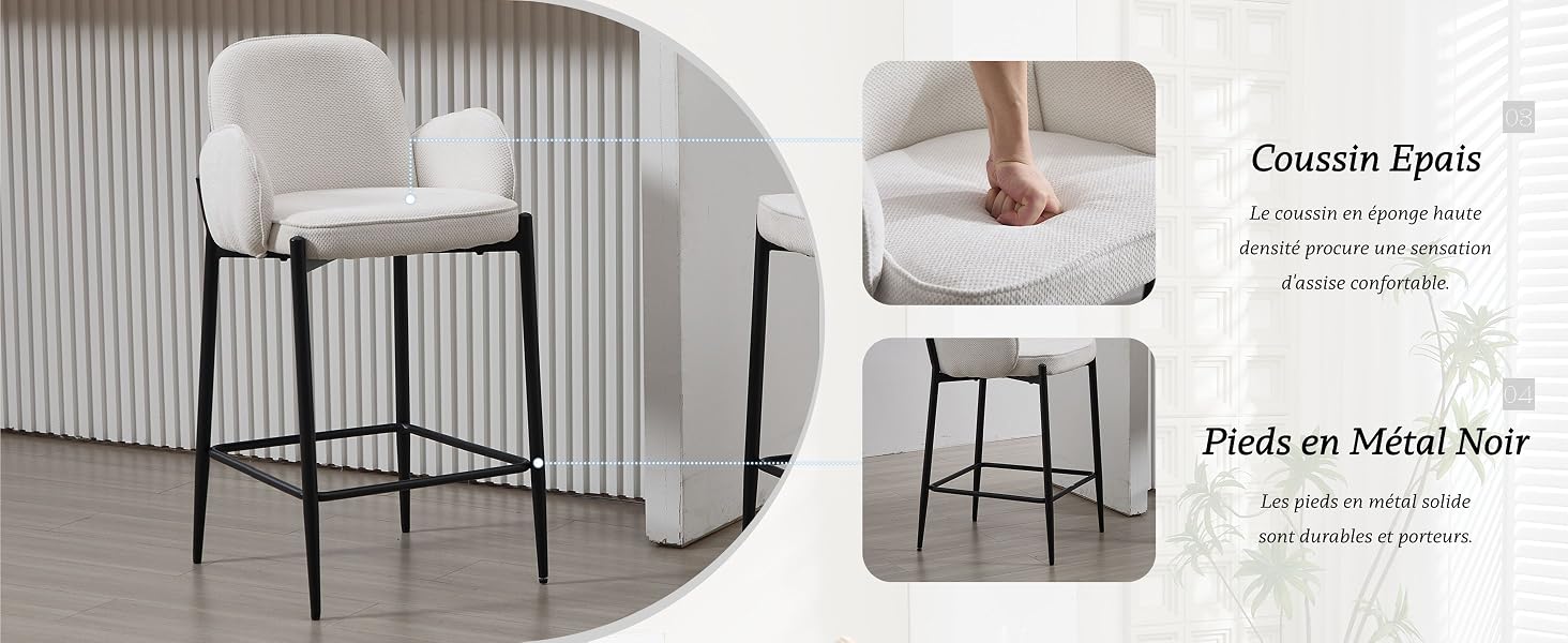 Le texte se lit comme suit : « Openfit Tech », « просила Metal Note ». Tabouret de bar moderne avec revêtement de couleur claire et structure en métal noir montrés en pleine vue et photos détaillées.