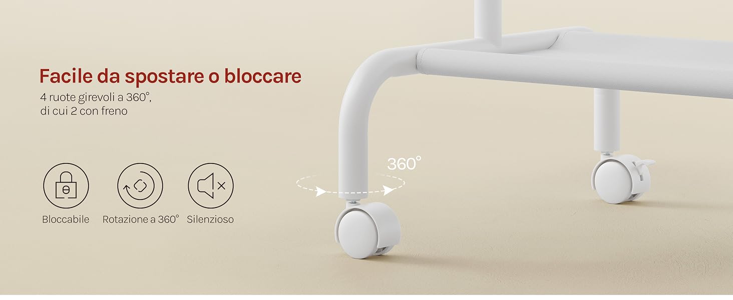 Il testo recita «Facile da staccare o bloccare» e «Rimosso da braccio...» Dispositivo da parete bianco con ghiera di comando e comandi di regolazione a due ruote. Le icone mostrano le funzioni di rotazione, multidirezionali e di blocco.