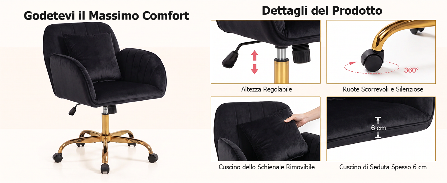 Il testo recita 'Godotesi il Massimo Comfort' e 'Dettagli del Prodotto'. Sedia da ufficio nera con gambe dorate mostrate da più angolazioni con richiami dettagliati del meccanismo del sedile, della base e delle rotelle.