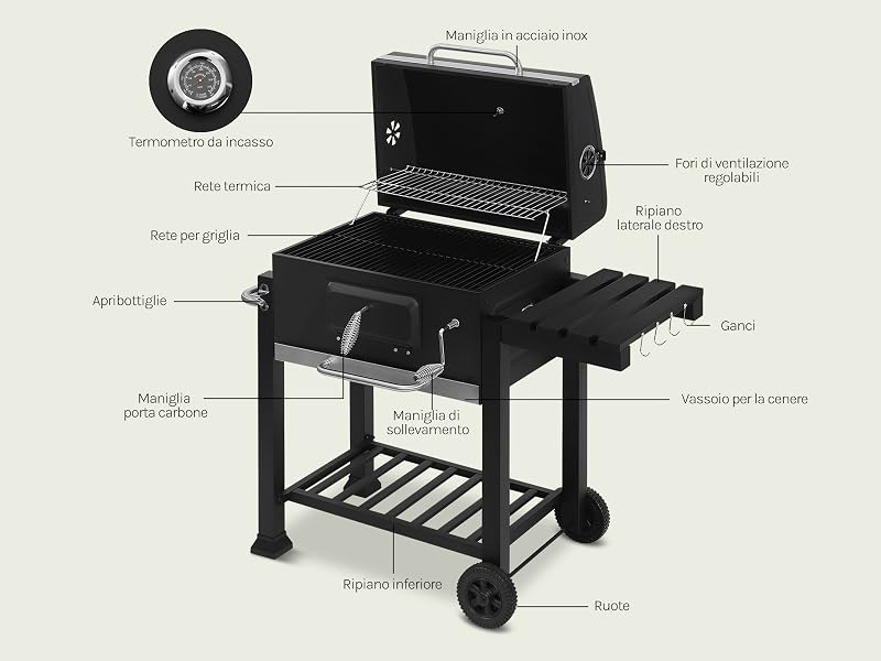 Schema tecnico di una griglia per barbecue che mostra varie parti e componenti etichettati in stile illustrativo in bianco e nero.