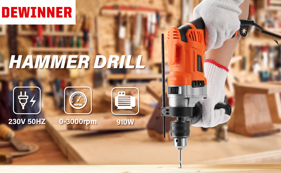 Le texte indique « HAMMER DRILL » et « DEWINNER ». Les spécifications du produit indiquent « 230 V 50 Hz », « 0-3 000 tr/min » et « 710 W ». Plusieurs images d'une perceuse à percussion en cours d'utilisation sur une surface d'atelier en bois.