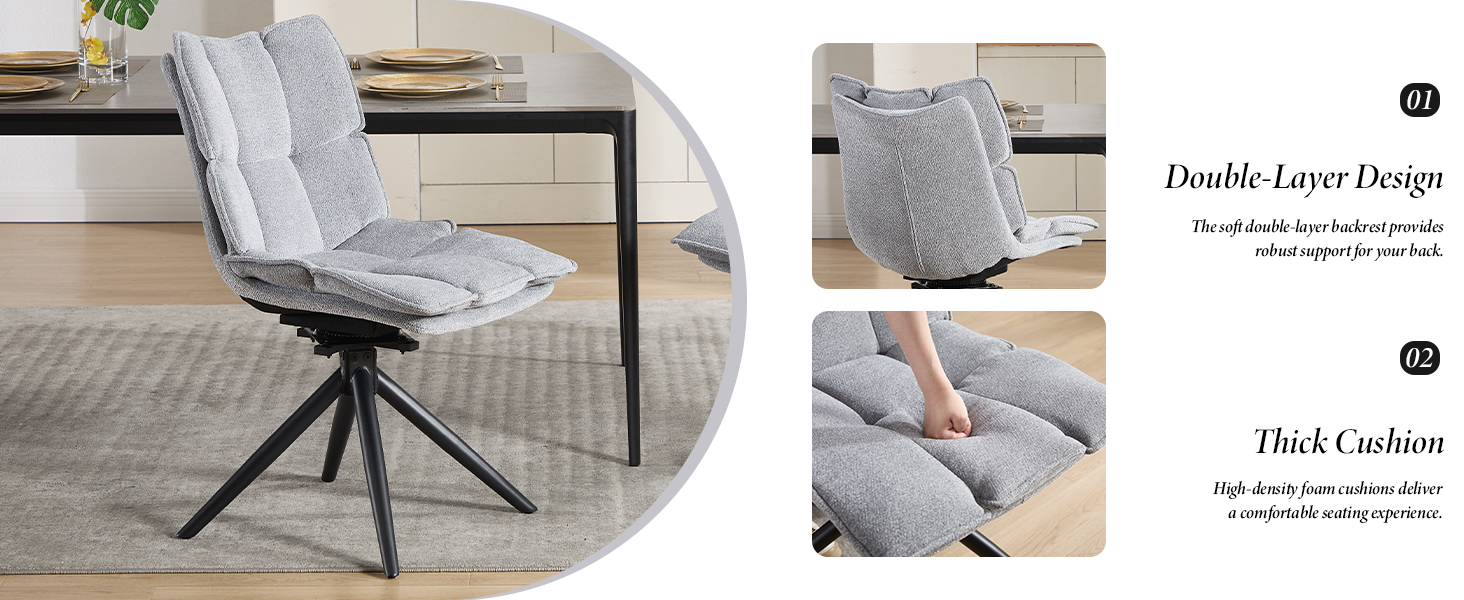 Text includes 'Double Layer Design' and 'Thick Cushion'. Multiple views of a gray upholstered chair with swivel base, showing comfort features and design elements.
