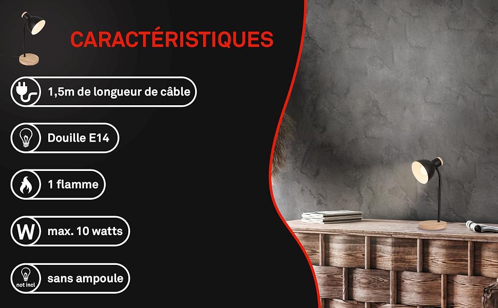 Le texte indique « CARACTERISTIQUES », suivi d'icônes indiquant « 1,4 m de longueur de câble », « Double E14 », « flamme », « max. 16 watts », « sans ampoule ». Caractéristiques du produit affichées avec des icônes sur fond sombre.