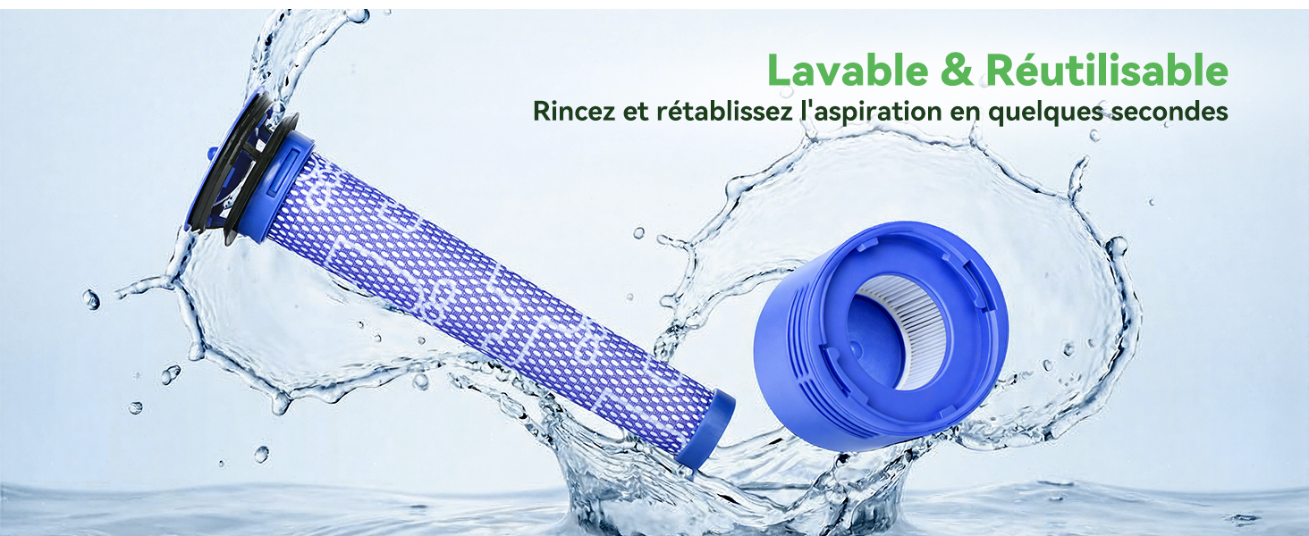 Der Text lautet: 'Waschbar und wiederverwendbar'. Blauer zylindrischer Filter oder Kartusche mit Wasserspritzeffekten auf hellblauem Hintergrund.