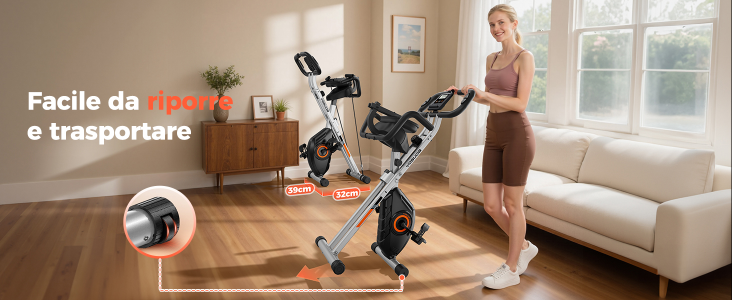 Il testo dice 'Facile da montare e trasportare'. Pannelli multipli che mostrano l'aspirapolvere robotico in diverse posizioni all'interno di ambienti di soggiorno moderni.