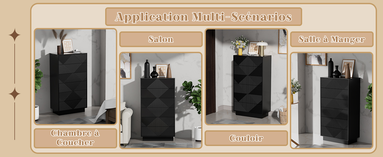 Séquence de quatre photos de produits montrant une armoire ou un meuble de rangement noir sur différents arrière-plans.