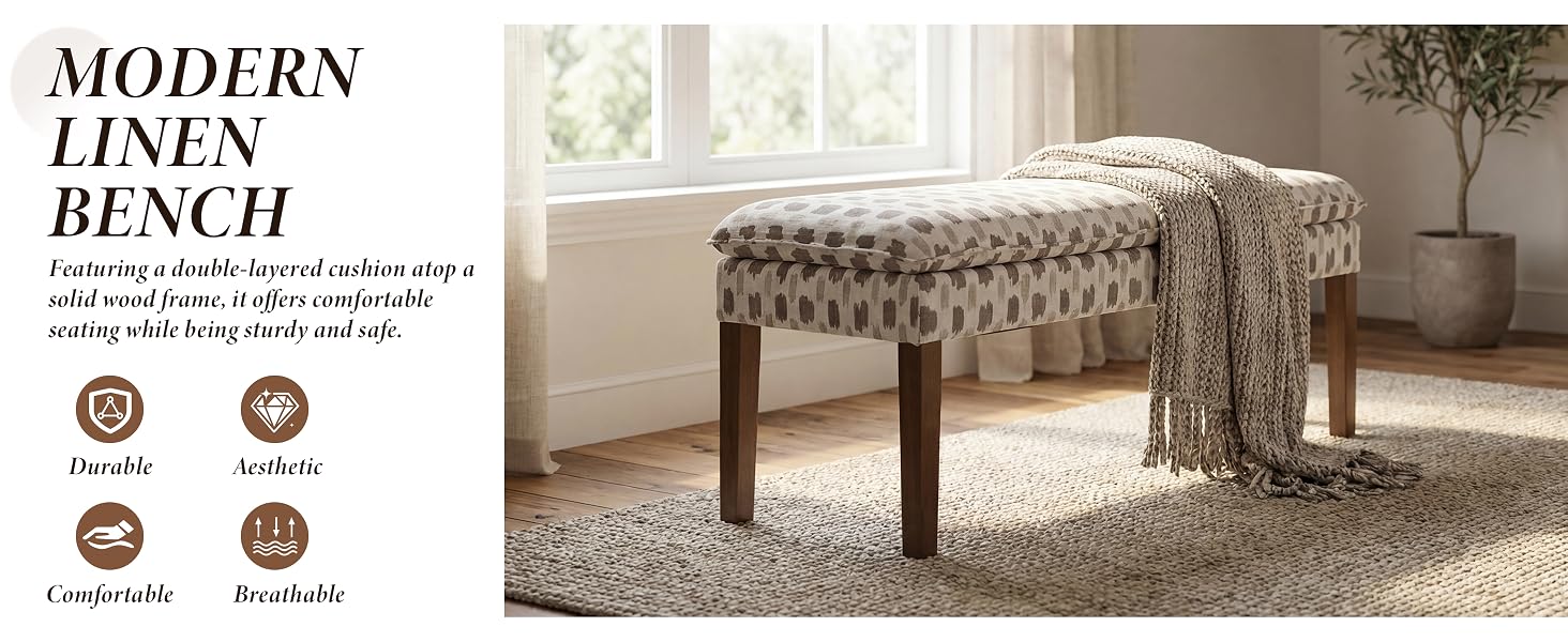 Text reads 'MODERN LINES' and 'BENCH'. Shows upholstered bench furniture pieces in beige/neutral tones against white background.