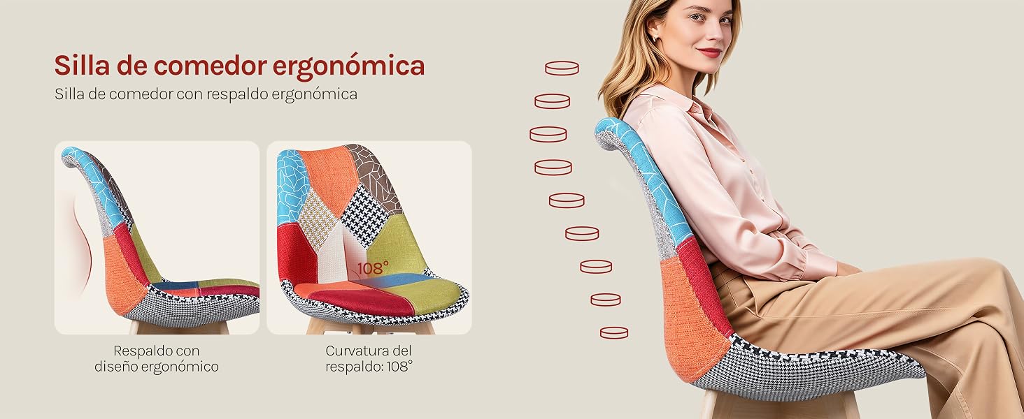 El texto dice «Silla de comedor ergómica» con las especificaciones del producto. Dos sillas de comedor ergonómicas con estampados coloridos que se muestran desde varios ángulos, muestran características de soporte anatómico y asientos acolchados con un diseño textil geométrico.