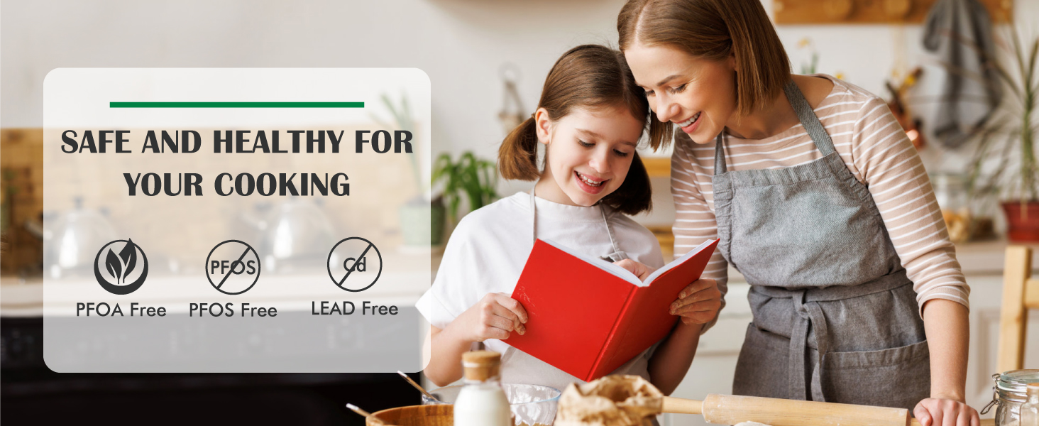 Kitchen scene with adult and child cooking together. Text overlay highlights safety features: PFOA free, POS free, and Lead free.