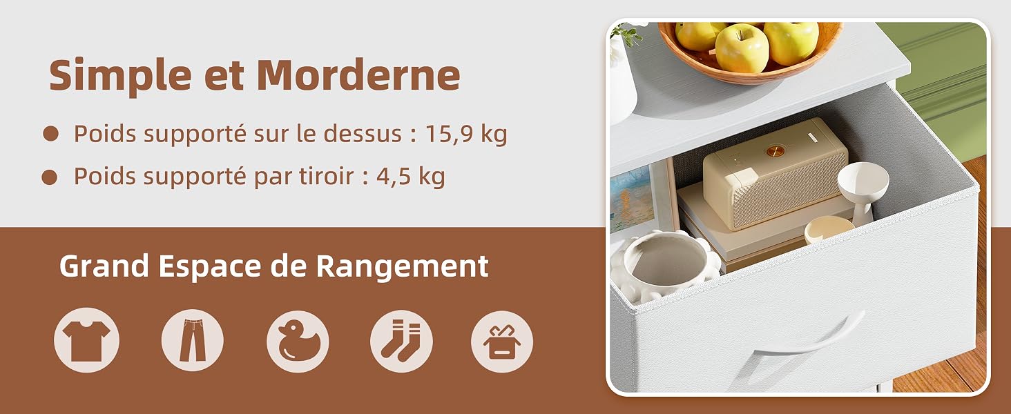 Le texte se lit comme suit : « Simple et Moderne », « Poids supporté par tiroir : 4,5 kg », « Grand Espace de Rangement ». Schéma du produit avec les caractéristiques de stockage et les icônes correspondantes ci-dessous.