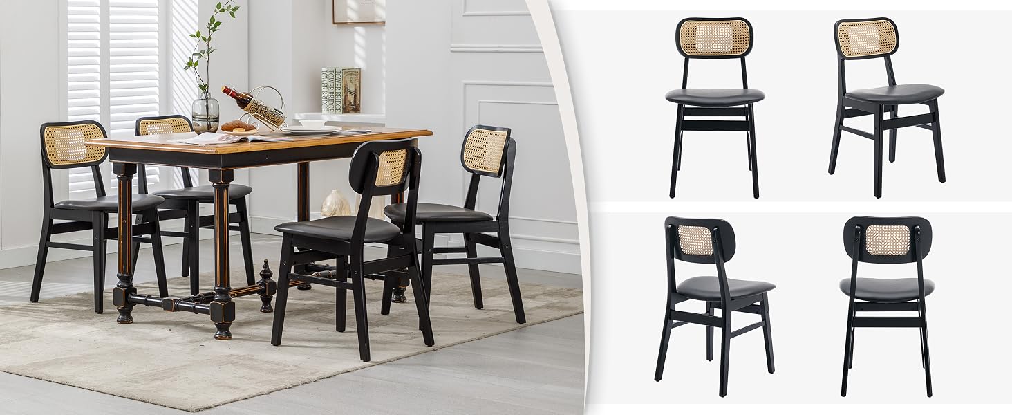 avec table en bois rustique et chaises noires avec dossiers en rotin tressé. Le panneau de droite montre quatre angles de chaise. L'ensemble est décoré dans un cadre lumineux et minimaliste