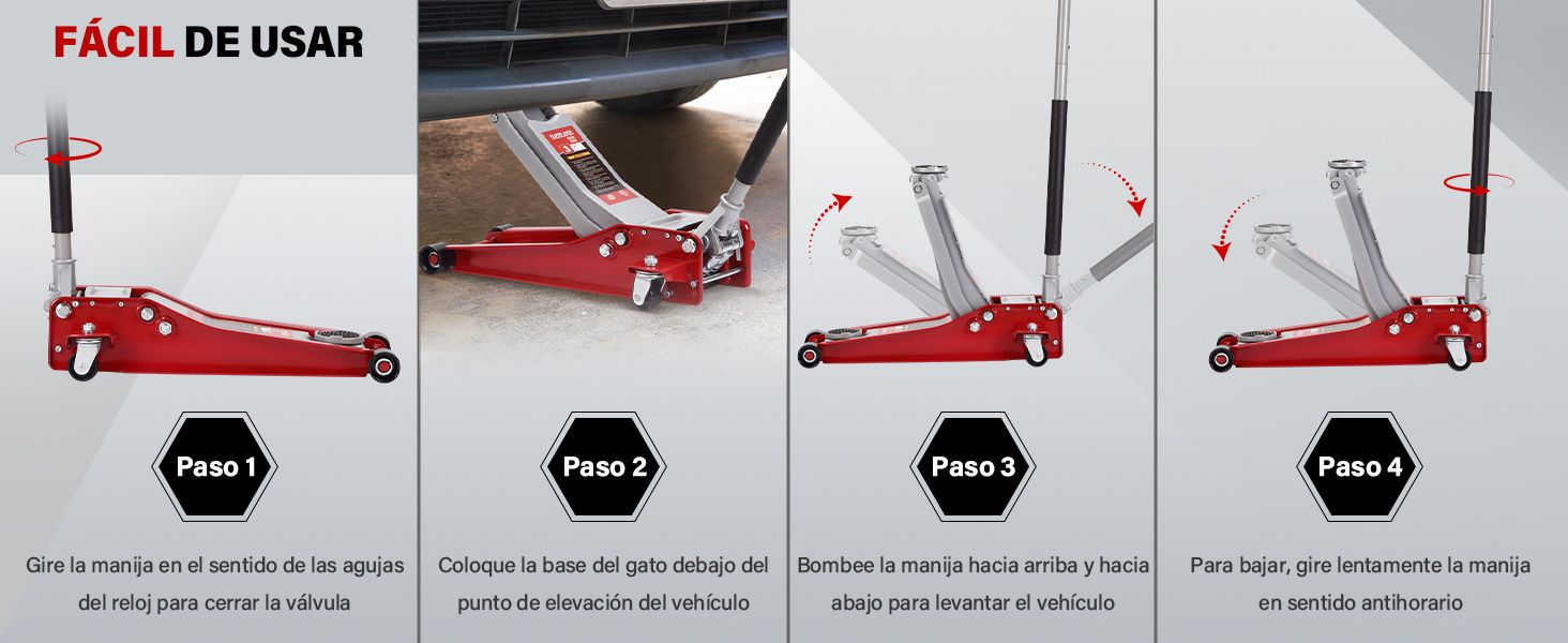 El texto dice «FÁCIL DE USAR». Diagrama que muestra cuatro pasos secuenciales de un dispositivo mecánico o herramienta de color rojo en diferentes posiciones.