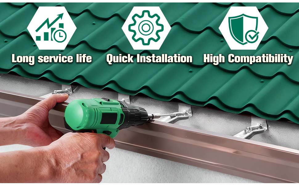 Text reads 'Long service life', 'Quick Installation', 'High Compatibility'. Product installation demonstration on metal roofing with green protective material.