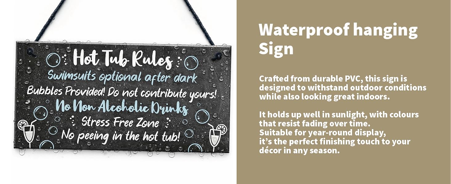 Text reads 'Waterproof hanging Sign' and describes a PVC sign suitable for outdoor conditions with colors that won't fade.