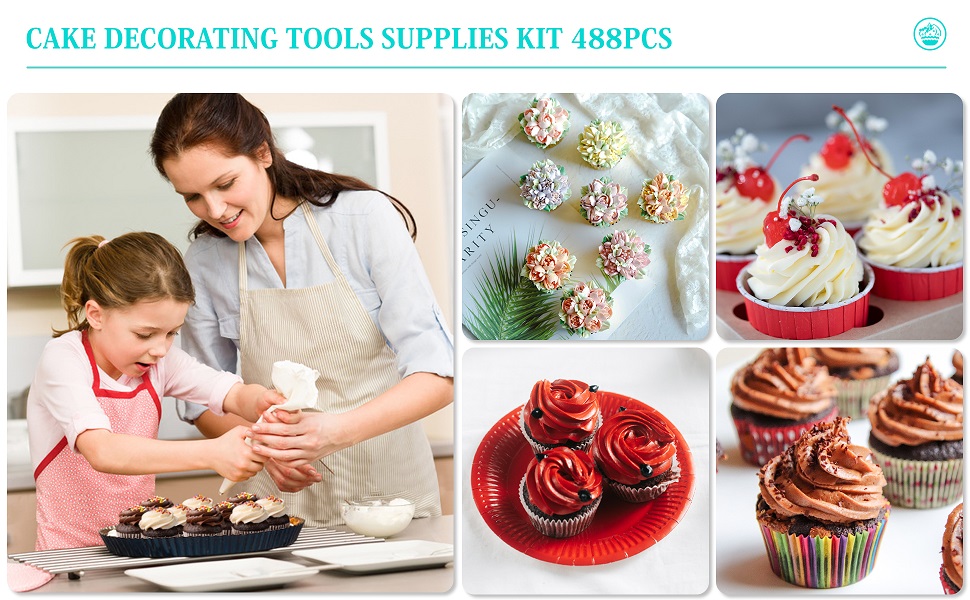 avec 488 pièces. Le collage montre des techniques de décoration, des cupcakes finis et un adulte et un enfant décorant ensemble.