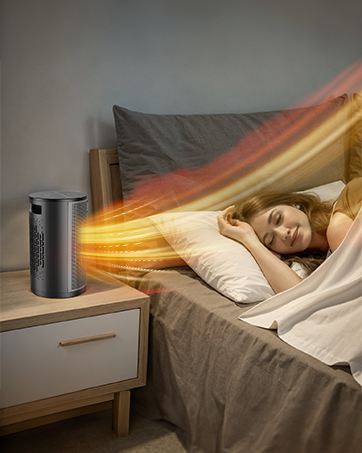 Cylindrical device on bedside table emitting orange light beams across a bedroom setting with modern wooden furniture.