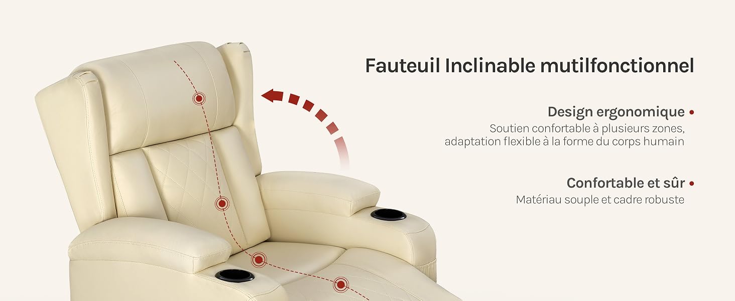 Le texte indique « Fauteuil inclinable multifonctionnel » et « Design ergonomique + ». Fauteuil inclinable de couleur crème avec repose-pieds allongé, vu de côté.