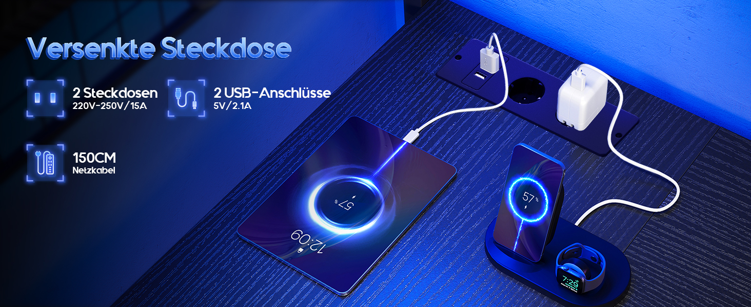 Einbausteckdose mit 2 Buchsen und 2 USB-Anschlüssen. Verfügt über eine blaue LED-Beleuchtung an den Steckdosen. Das Produkt wird auf einer dunklen Oberfläche mit angeschlossenen Geräten abgebildet.
