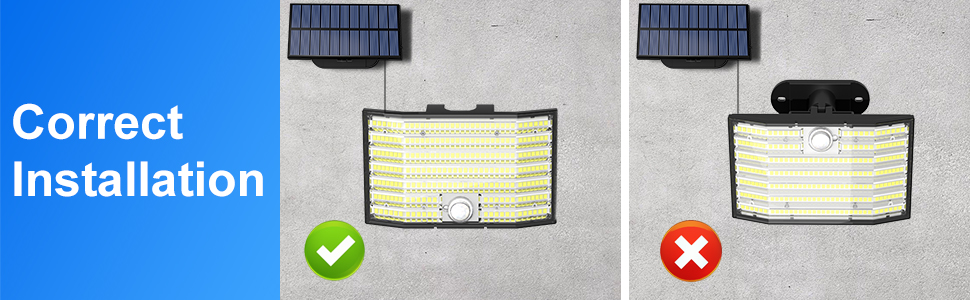 Solar-powered outdoor light with motion sensor. Comparison of correct (left) and incorrect (right) wall-mounted installation methods.