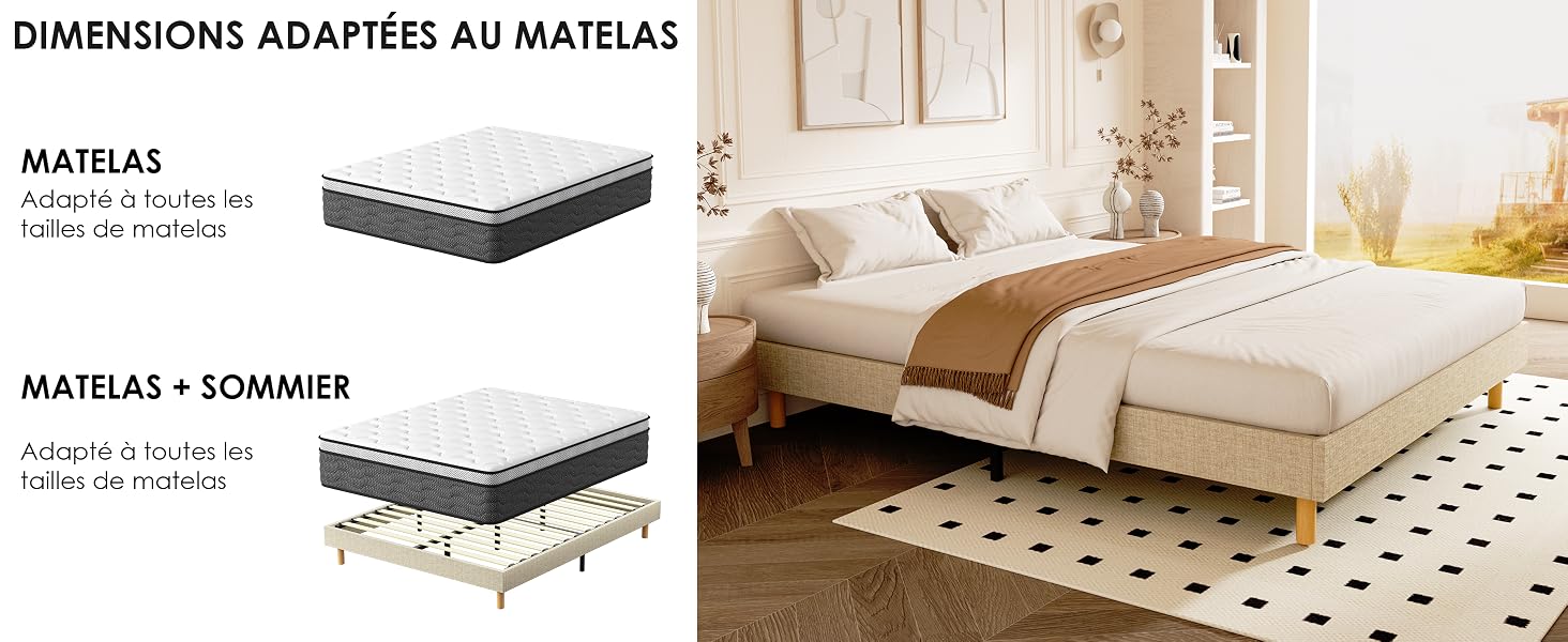 Le texte indique « DIMENSIONS ADAPTÉES AU MATELAS ». Image divisée montrant le schéma des dimensions du matelas et la chambre à coucher avec cadre de lit rembourré beige et tapis à pois.