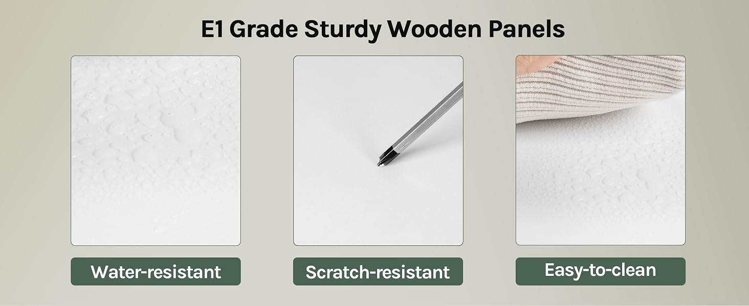 E1 Grade wooden panels promotional display highlighting three features: water-resistant, scratch-resistant, and easy-to-clean properties.