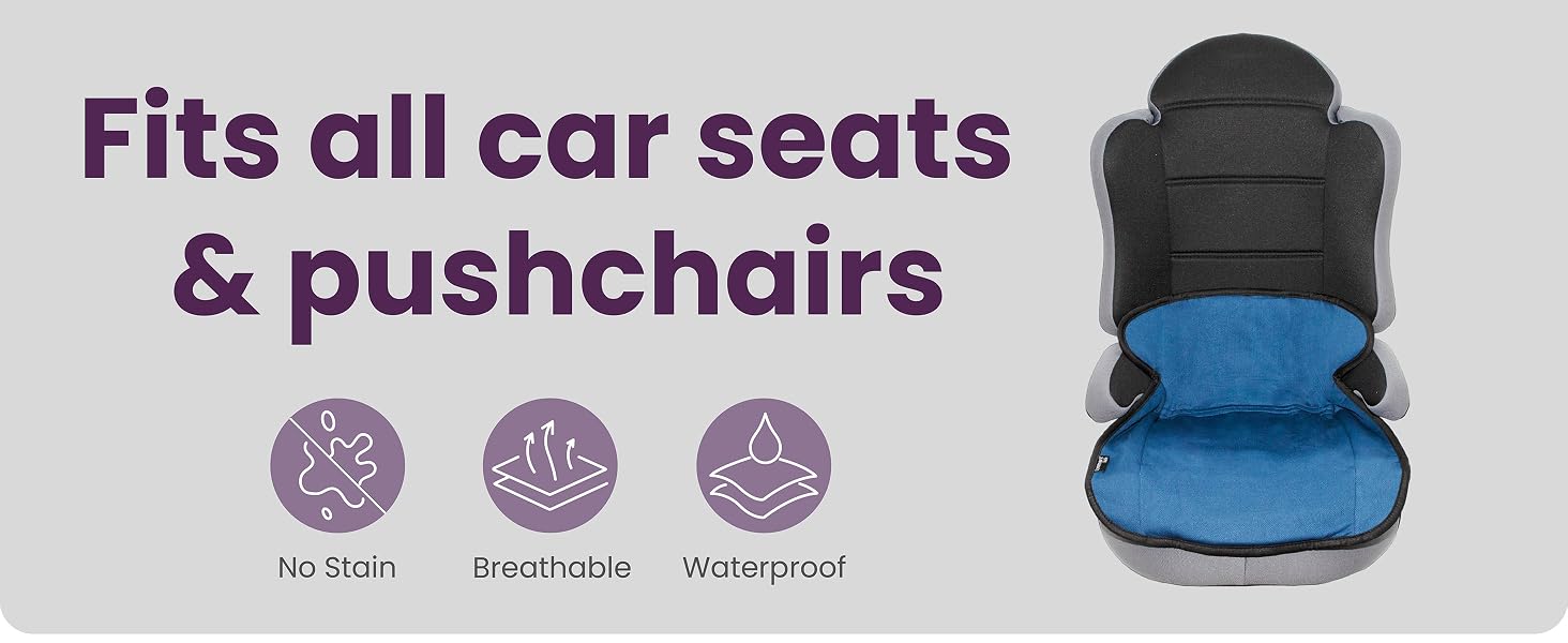 Universal car seat and stroller liner in black and blue, featuring waterproof material with no-slip design, displaying three icons for key features.
