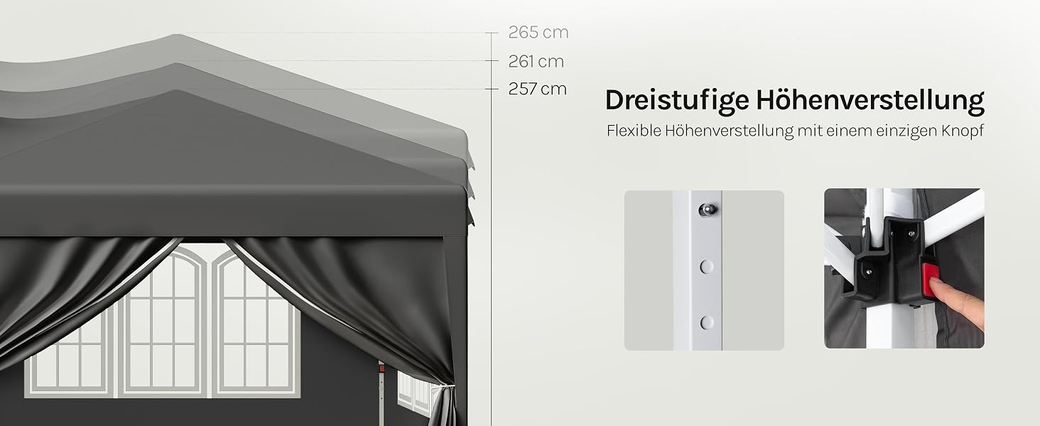 Der Text lautet „Dreistufige Höhenverstellung“. Technisches Diagramm, das den höhenverstellbaren Mechanismus mit schwarzen Zahnrädern und Komponenten in drei verschiedenen Positionen zeigt.