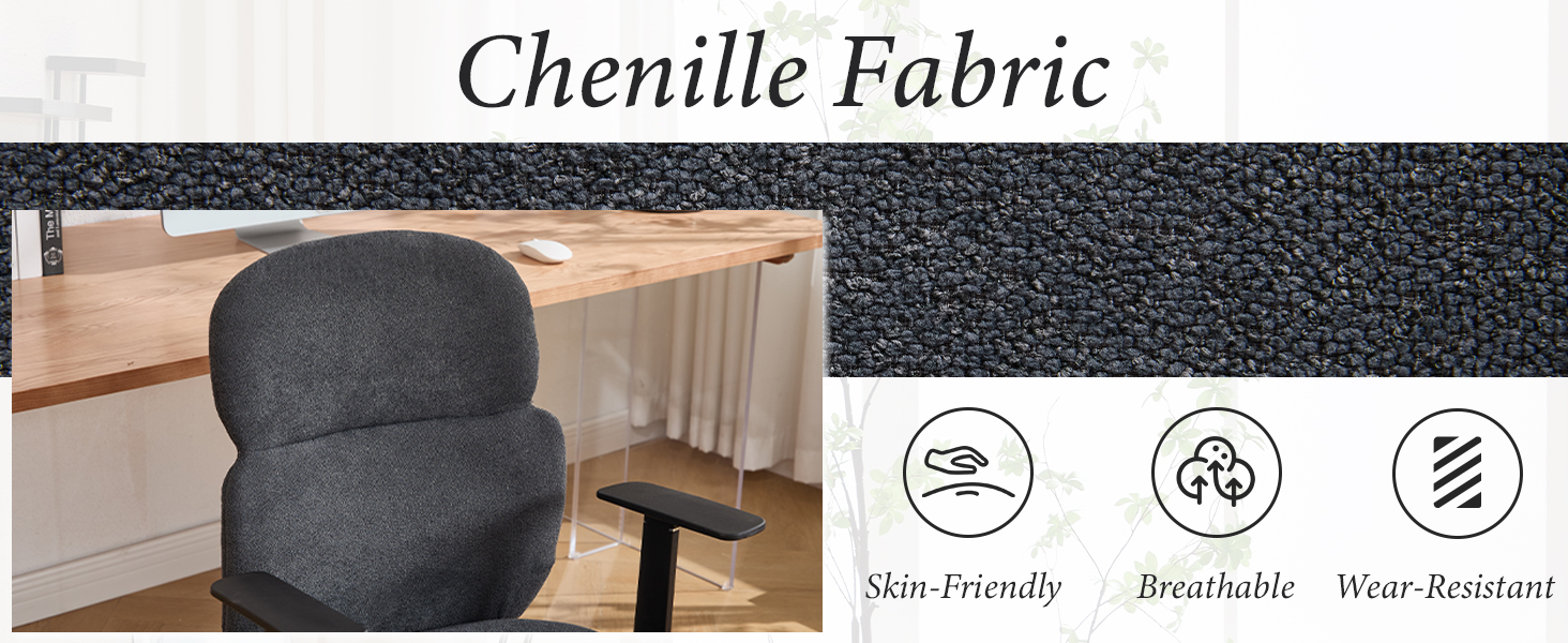 Text reads 'Chenille Fabric'. Close-up images of dark textured fabric material, with icons showing product features including 'Eco Friendly', 'Breathable', and 'Non Resistant'.