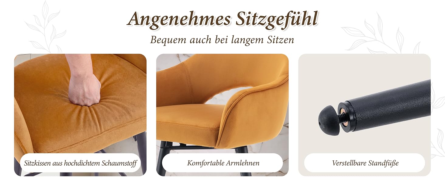 Der Text lautet „Angenehmes Sitzgefühl“ und „Bygant auch bei längem Sitzen“. Drei Detailbilder zeigen: Die Kissenstruktur aus cognacfarbenem Veloursleder, das Seitenprofil des Sessels und die schwarze verstellbare Hebelmechanik.