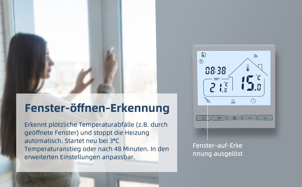 Pantalla de termostato digital con una temperatura de 15,6 °C y una hora actual de 08:38. Öffnen des Fensters und stoppt automatisch die Heizung, wenn