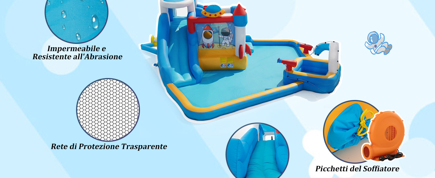 Serie di illustrazioni tecniche che mostrano i componenti meccanici blu e arancioni, comprese le sezioni trasversali e i diagrammi dettagliati delle parti di macchinari o pompe.