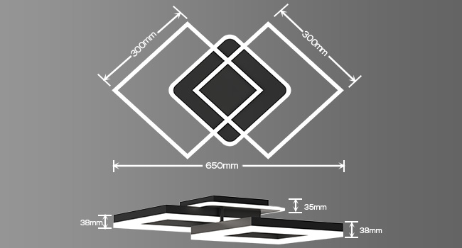 Technisches Diagramm, das ein geometrisches rautenförmiges Muster mit Maßen zeigt, einschließlich 650 mm Breitenspezifikation