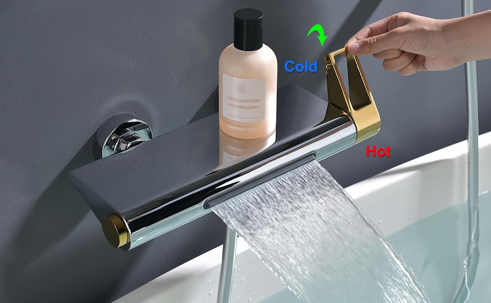 Le texte indique « Arrêter », « Ouvrir ». Séquence montrant le mécanisme de régulation du débit d'eau d'un appareil de salle de bain moderne avec démonstration de la régulation du débit d'eau.