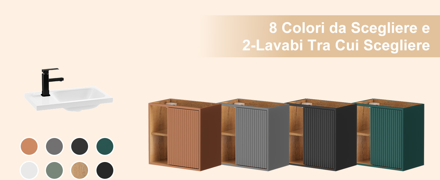 Il testo recita «8 Colori da Scegliere • 2-Lavabi Tra Cui Scegliere». Quattro mobili da bagno sovrapposti nelle finiture marrone, grigio, grigio scuro e verde con le opzioni dei campioni di colore visualizzate.