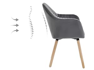 Gray upholstered armchair with wooden legs. Side view shows curved back and arrows indicating adjustable positioning.