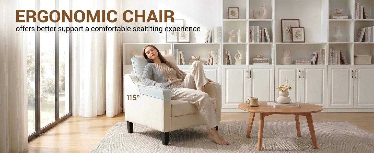 Text reads "ERGONOMIC CHAIR". Interior room scene showing beige/cream colored armchair positioned near wooden side table, shelving unit, and window with natural lighting.