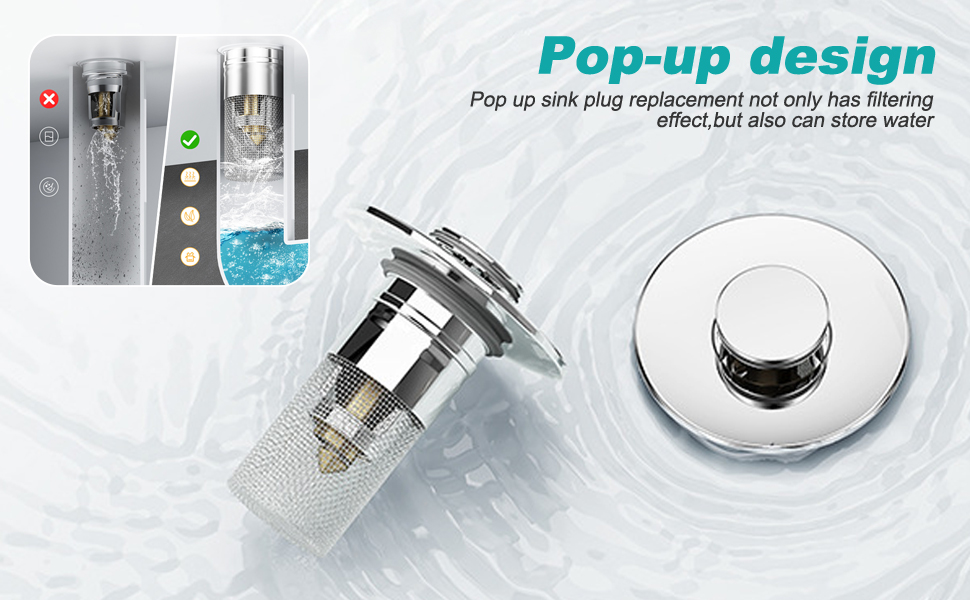 Text reads 'Pop-up design'. Bathroom fixture demonstrating water-saving pop-up drain mechanism in chrome finish, shown in multiple views with technical diagrams.