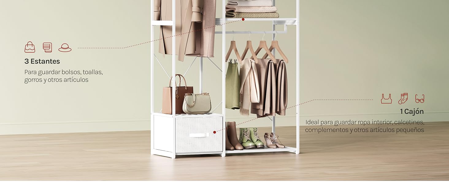 Empaque y expositor de productos de color beige con texto que dice «Maquillaje» y organización de almacenamiento con productos cosméticos, espejos y artículos decorativos dispuestos sobre un fondo claro.