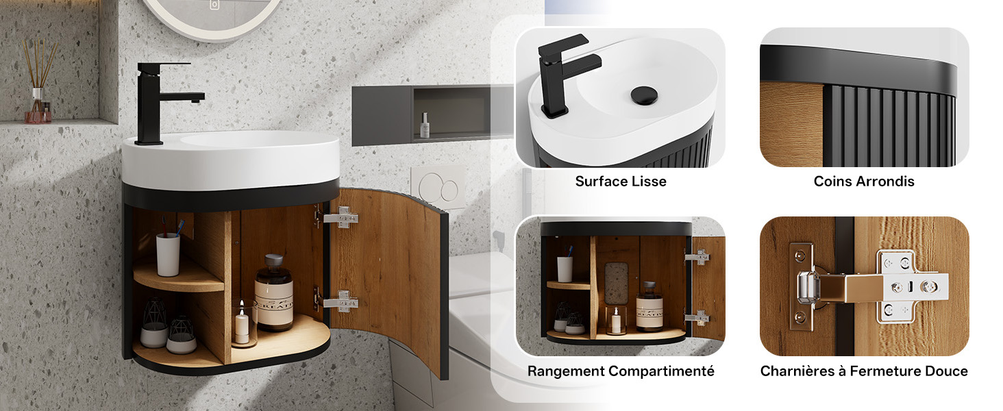 Le texte indique « F », « Surface Lose », « Core Accordin », « Hangercomi Compartiment », « Organisme et design fonctionnel ». Meuble-lavabo de salle de bain en bois brun avec vasque blanche, avec étagères ouvertes, rangement intérieur et inscriptions mettant en valeur les caractéristiques du produit mettant en valeur les éléments de design.