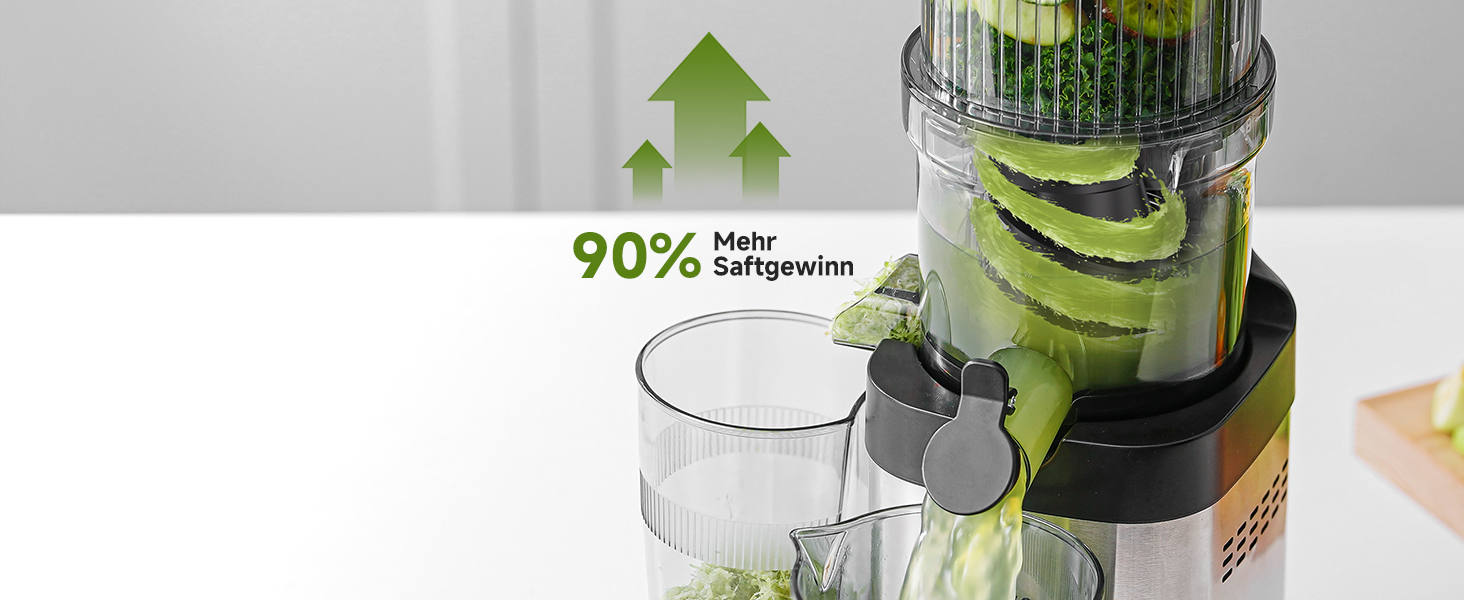 Entsafter oder Mixer zur Verarbeitung grüner Zutaten, mit dem Text „90%“ und Aufwärtspfeilen, die die Extraktionseffizienz anzeigen
