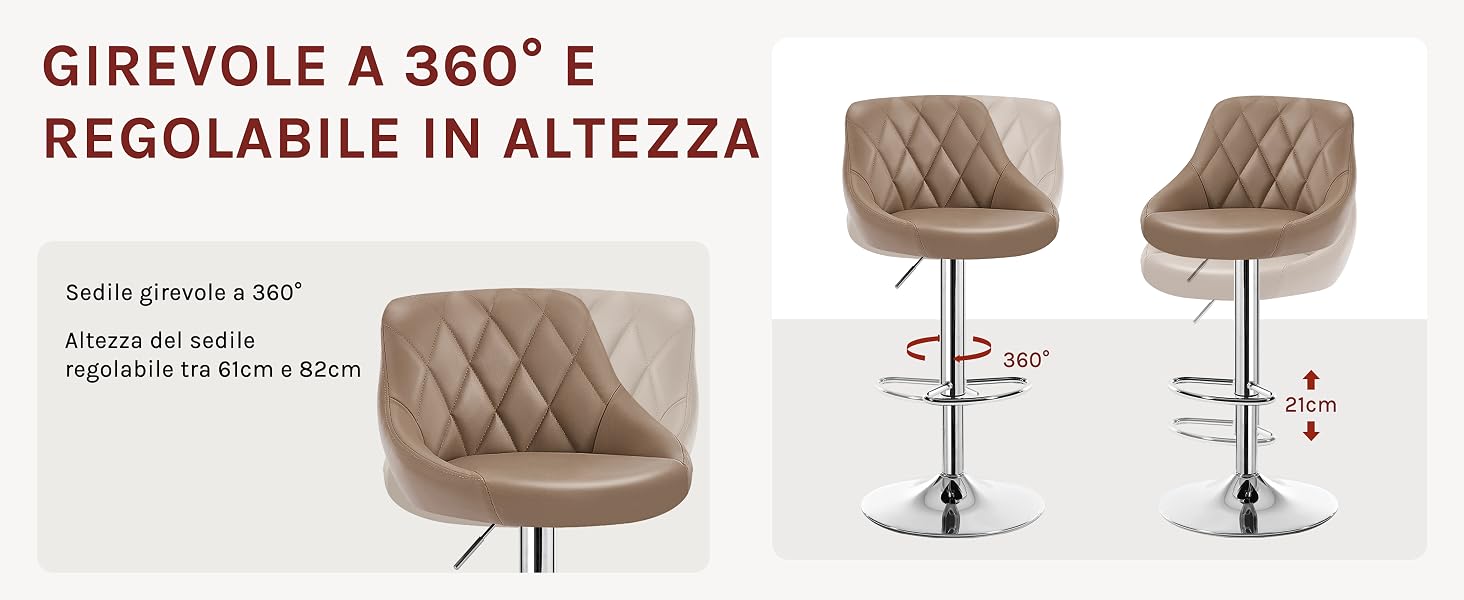 Sgabelli da bar regolabili con sedili e schienali trapuntati beige.