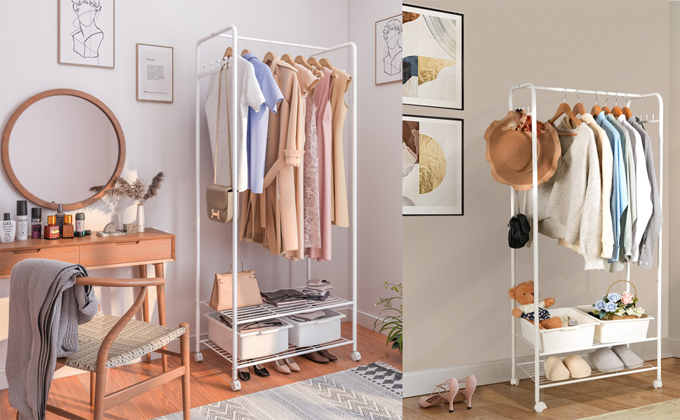 UNHO Armadio Aperto con Ripiani Due Porta abiti con Ruote Metallo Bianco