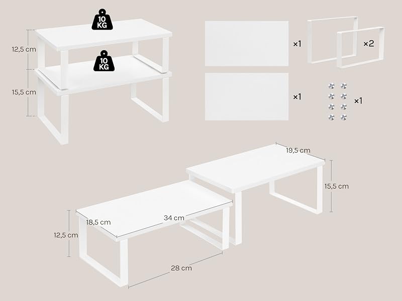 Schéma technique présentant les mesures et les instructions de montage pour les étagères murales blanches. Plusieurs vues affichent différentes options de configuration avec des dimensions précises.